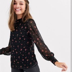 High neck lace detail black and red floral